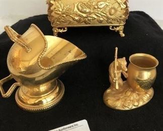 19TH CENTURY QUADRUPLE PLATE PIECES THAT HAVE BEEN GOLDPLATED-JAMES TUFTS HANDLED TRINKET BOX, BEAR TOOTHPICK HOLDER  AND SUGAR SKITTLE 
