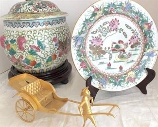 ANTIQUE LIDDED ORIENTAL JAR WITH STAND, GORGEOUS HAND PAINTED PLATE AND GOLDPLATED RICKSHAW AND COOLIE