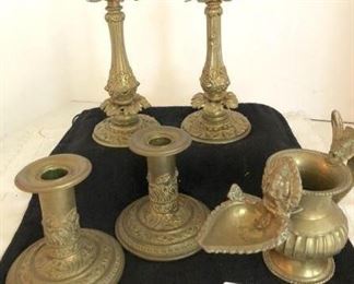 PAIR ANTIQUE FRENCH BRASS BRONZE CANDLE HOLDERS , ANOTHER PAIR OF ANTIQUE CANDLEHOLDERS AND BRASS EWER
