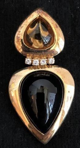 4K GOLD PEARL ENHANCER PENDANT WITH TEARDROP SHAPED ONYX, CITRINE AND DIAMONDS 9.7 GRAMS