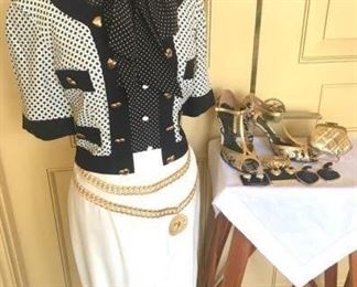 MOSCHINO COUTURE DRESS SZ 10, JAY HERBERT QUILTED LEATHER COIN PURSE, BETTYE MULLER PEEP TOE PUMPS SZ 5.5, THREE CLIP ON EARRINGS 3.5" AND GOLD TONE BANGLE