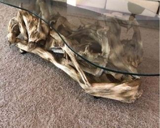 Glass Top Driftwood Coffee Table
