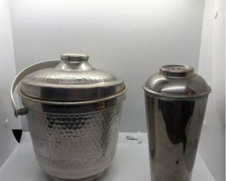 Silverplate ice bucket and cocktail shaker