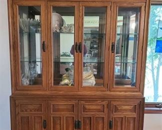 Solid Oak Stanley Lighted Display Hutch - Brass Handles - 2 Pieces