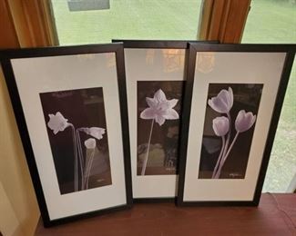 Set of 3 Signed Framed Mated White Lilliac Flower Wall Decor