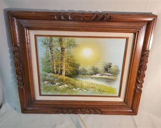 Painting Creek Clearing Signed - Gorgeous Wooden Carved Frame