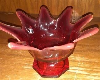 Lot of Four Glass Pieces which contain Clear Red Glass Candy Dish, Clear Red Glass Dolphin Figurine, A Small Red Ombre Drinking Glass, and Small Glass Bear Figurine with Fish in its Mouth