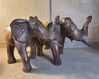 Set of Wooden Carved Elephants - One is Missing Tusk