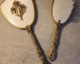 Ornate Brass Hand Mirror and Brush