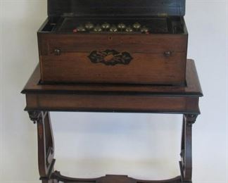 Antique Inlaid Music Box On Lyre Base Stand