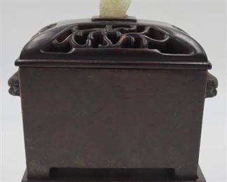 Chinese Bronze Censer with Carved Jade Finial
