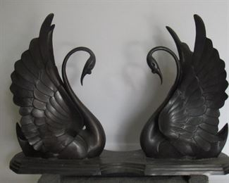 Large And Fine Quality Patinated Bronze Swans