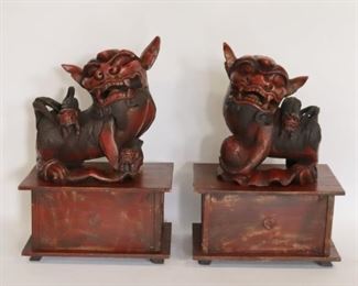 Large Pair Of Antique Lacquered Foo Dogs On