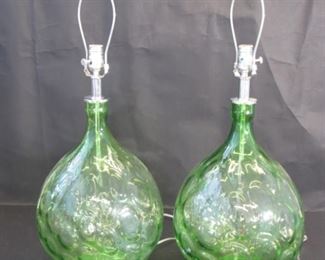 Midcentury Pair Of Large Green Glass Lamps