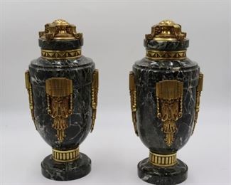 Pair Of Art Deco Gilt Bronze And Marble Urns