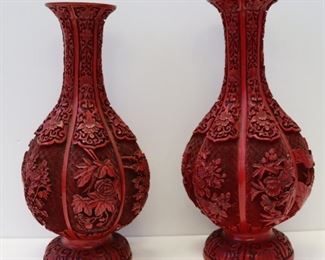 Pair Of Chinese Cinnabar Vases