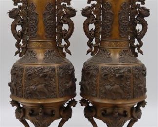 Pair of Japanese Meiji Bronze Vases with Dragons