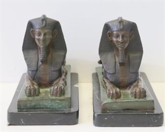 Pair Of Patinated Bronze Sphinx On Marble Bases