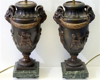Pair Of Patinated Bronze Urn Form Lamps