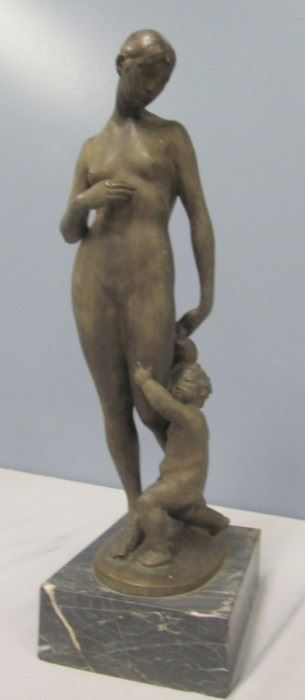 Signed Patinated Bronze Of A Nude and Child