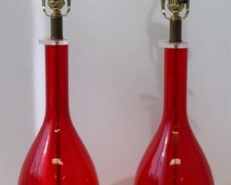 Vintage Pair Of Red Glass Lamps With Lucite Trim