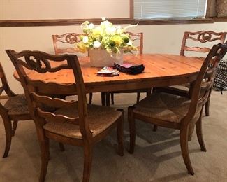Country French pine table and 6 ladder back chairs with rooster cut out