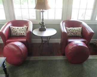 Pair of Grandinroad Red Leather Chairs with Ottomans