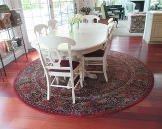 Pottery Barn White Double Pedestal Dining/Kitchen Table With Seating  (6) ~ Beautiful Round Rug 