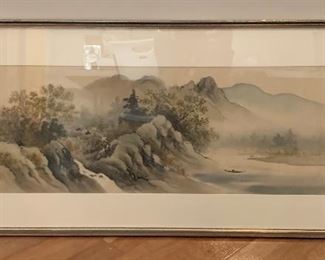 Vintage Japanese Silk Painting Mountain Scene	17x31x.5in	HxWxD