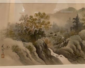 Vintage Japanese Silk Painting Mountain Scene	17x31x.5in	HxWxD