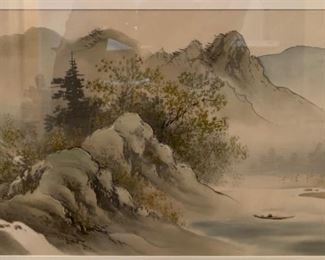 Vintage Japanese Silk Painting Mountain Scene	17x31x.5in	HxWxD