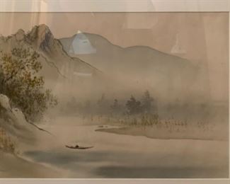 Vintage Japanese Silk Painting Mountain Scene	17x31x.5in	HxWxD