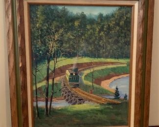 *Original* Art Bob Eckel Doodlebug Daze Train Painting	27x23.75x2.5in	HxWxD