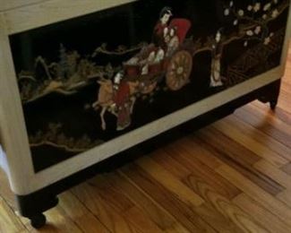 custom built in china in 1930, has semi-precious stones in design, (2) twin bed frames, (1) box spring and mattress included - brand new.  Dressing table, bench and mirror.  Not at the estate sale, this item located in Holland,  MI  showing available on request