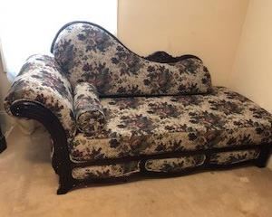 Chaise "Fainting Couch". Basically new, never used. Dimensions to come. Intricate carved solid walnut, exquisite floral upholstery.  $500.00                               
Debit and Credit Accepted.