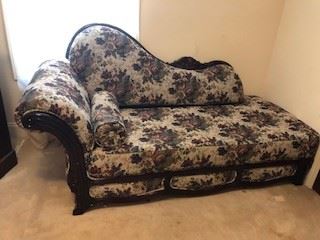 Chaise "Fainting Couch". Basically new, never used. Dimensions to come. Intricate carved solid walnut, exquisite floral upholstery.  $500.00                               
Debit and Credit Accepted.