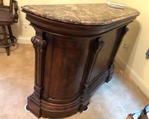 Bar, marble top, slide-out marble cutting board, curved drawers. Large capacity. Walnut finish.