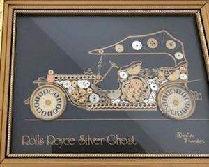Broadbent Rolls Royce Silver Cloud framed art made with recycled Clock parts, $25.00. Very hard to find these. Mint condition. 