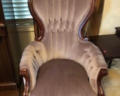 Velvet upholstered and carved cherrywood armchair. Light plum/violet. Perfect condition. $100.00                                                                     26-1/2"W x 26"D x 44"H