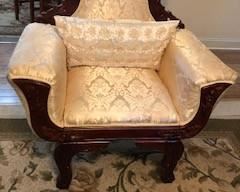 Silk shimmer gold upholstered and carved cherry wood setee. Fabulous condition. $300.00     Cushion: $15.00                                                       39"W x 25"D x 44"H