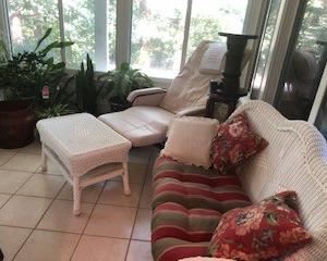 Wicker bench with cushion and matching table; spa massage/heat chair (never used but some discoloration from being in the sunroom), plant stands, more plants (we have so many plants!)