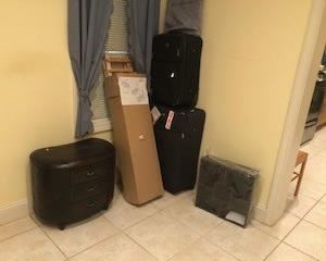 Full set of luggage, wine rack (requires assembly), shelf unit, beautiful 3-drawer leather setae/bench