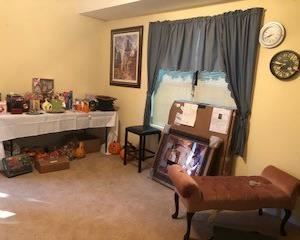 Leather stool, Michael Cheval painting, velvet bench, clocks, gift baskets and items still in original packaging