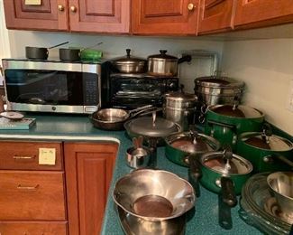 New Stainless Steel Microwave, still has plastic wrap on. Pots & Pans, toaster oven.