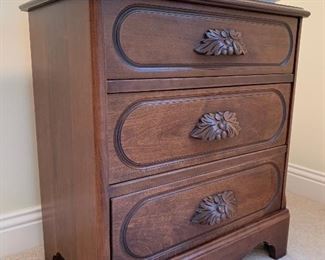 Antique 3 Drawer Chest with Carved Leaf Applied Handles