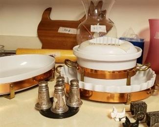 Porcelain bake ware w/ copper holders, various other kitchen items