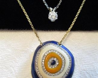 OLD DIAMOND SOLITAIRE NECKLACE AND 14KT GOLD & ENAMEL DESIGNER NECKLACE