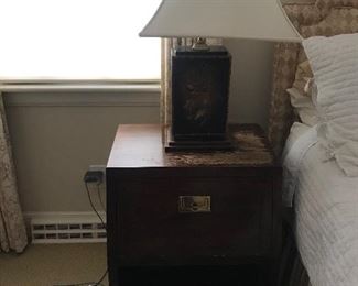 Pair of Heneredon Scene One Campaign nightstands (tops are in fair condition)