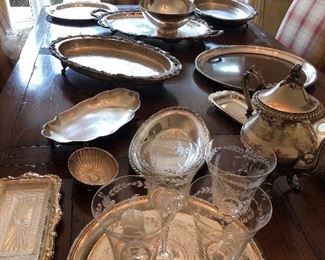 Variety of silver plate serving pieces