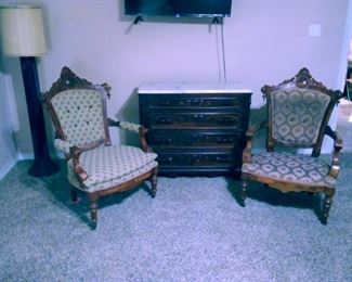 Antique chairs and marble top dresser